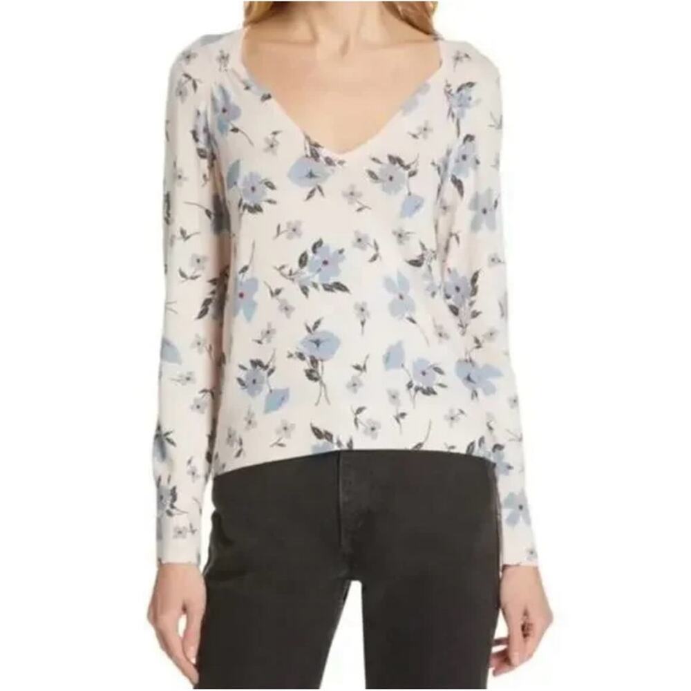 Rebecca Taylor Daniella Wool Cashmere V-neck Pink Floral Sweater Size S NWT